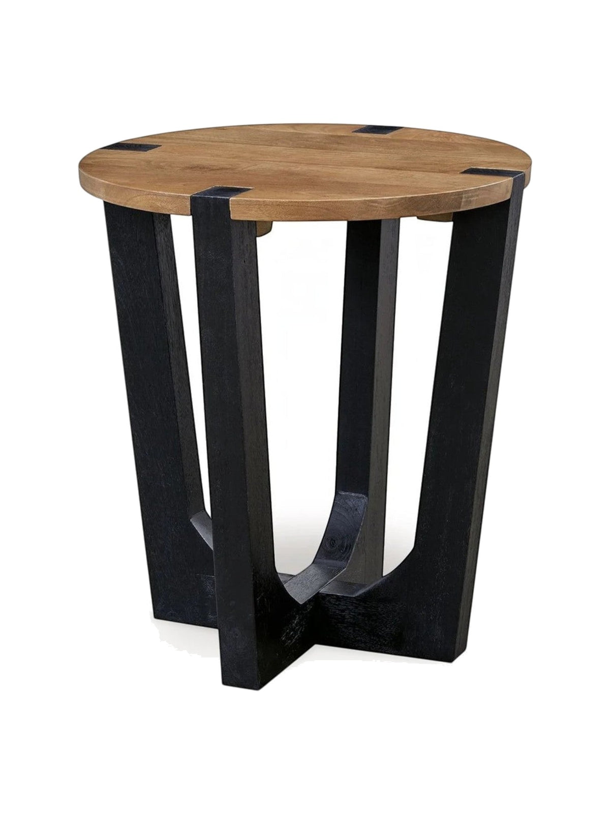 Table d'appoint ronde Annie par TOCO Meubles avec plateau en bois naturel et base géométrique en bois noir