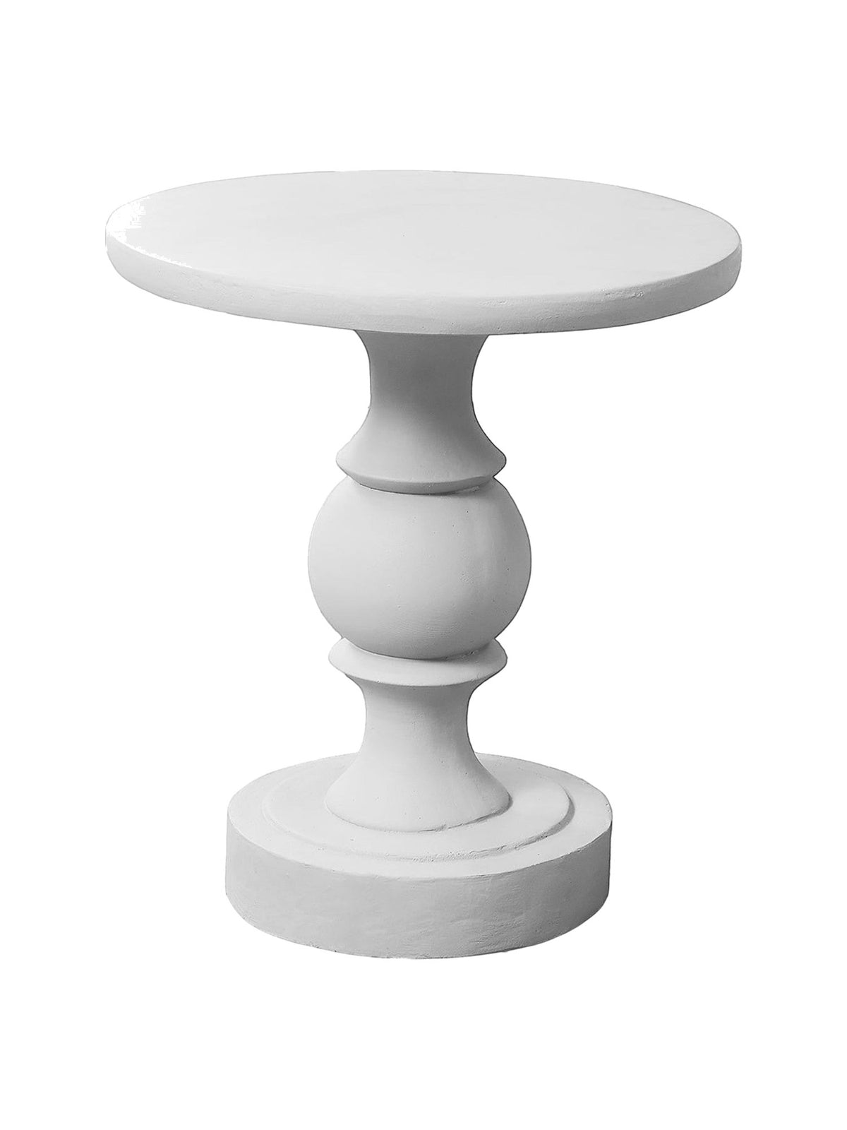 TOCO Meubles Apolo white magnesium side table with pedestal base and decorative sphere accent. Suitable for indoor/outdoor use.