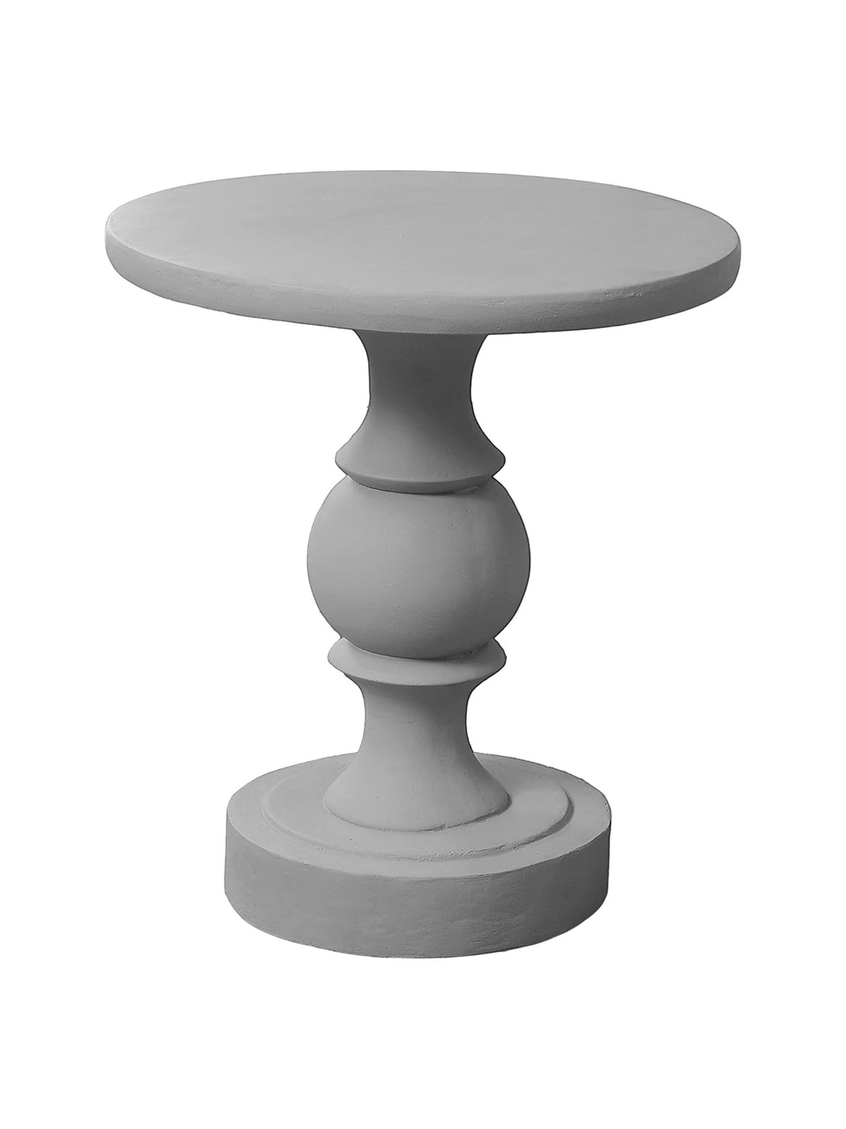 Table d'appoint ronde grise en oxyde de magnésium de TOCO Meubles, avec un pied sculpté et une base circulaire.