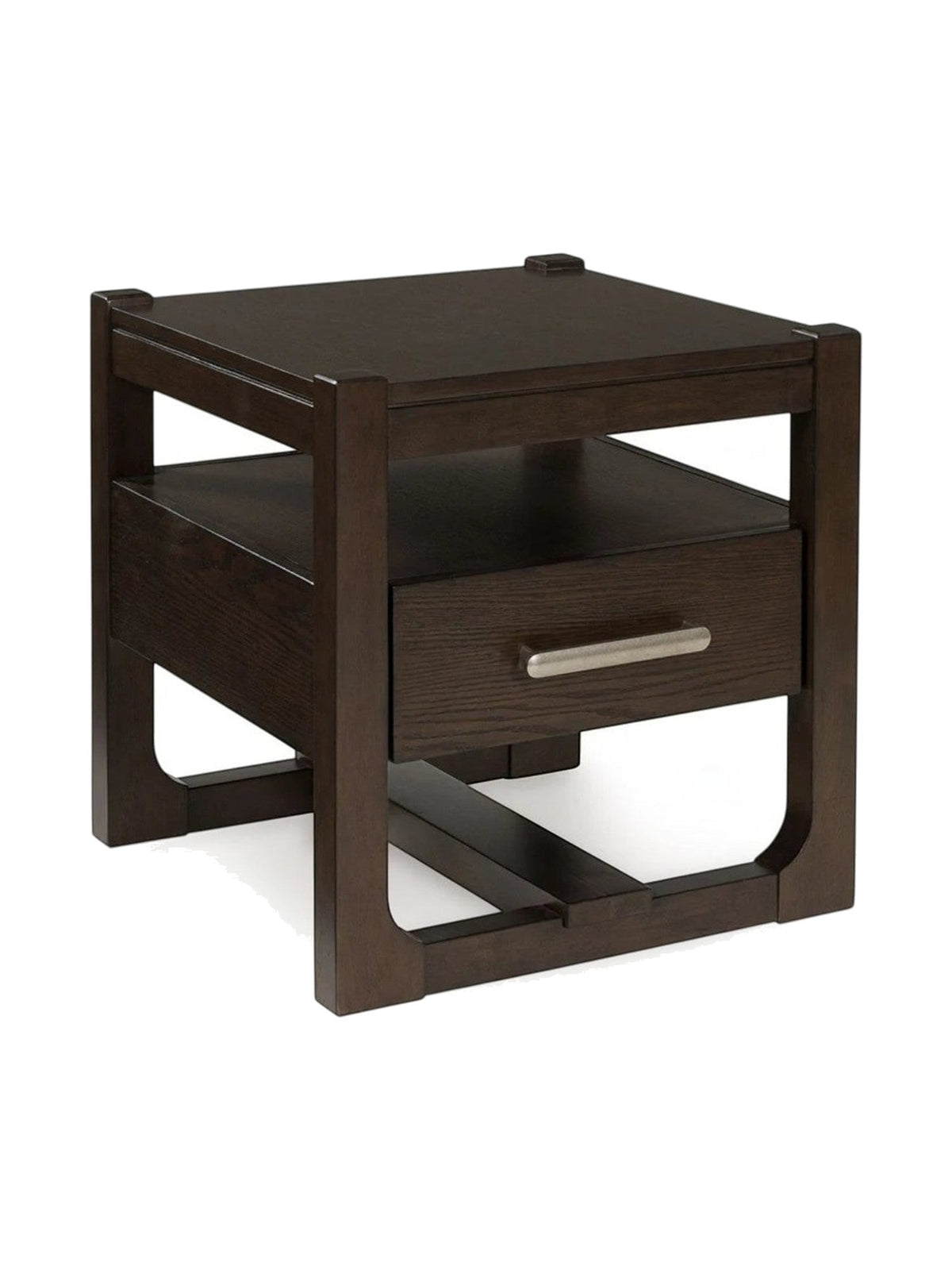 Table d'appoint carrée TOCO Meubles Becki en bois brun foncé avec un tiroir et une poignée métallique moderne