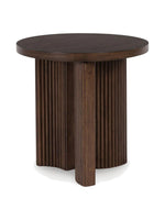 Table d'appoint Cecilia par TOCO Meubles en bois foncé avec un plateau rond et une base cylindrique cannelée
