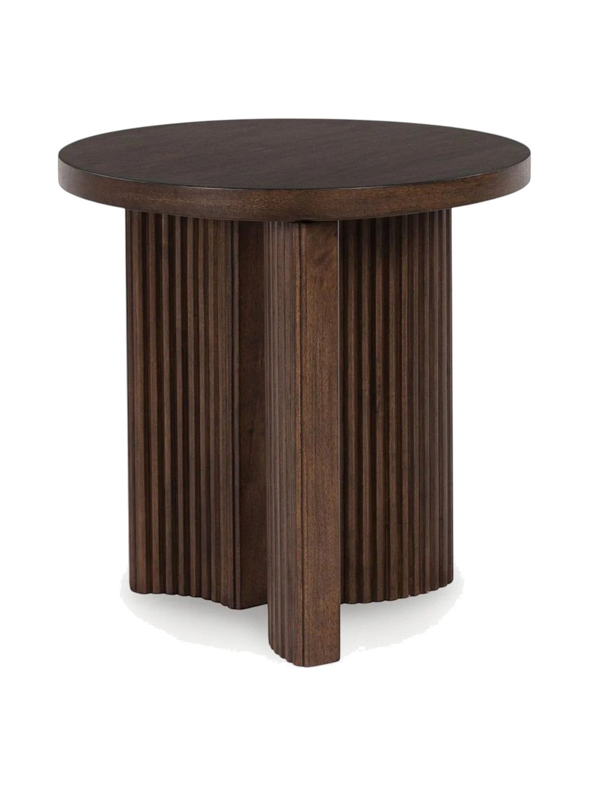 Table d'appoint Cecilia par TOCO Meubles en bois foncé avec un plateau rond et une base cylindrique cannelée