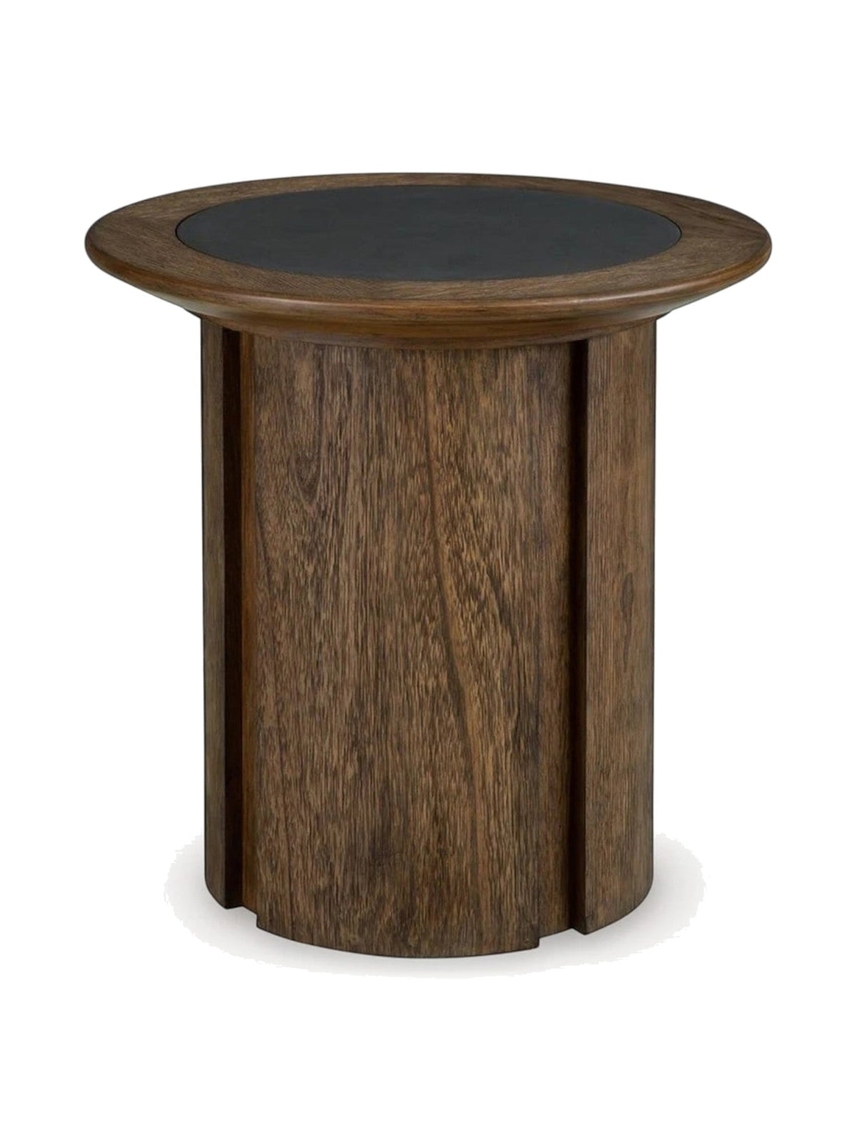 Table d'appoint ronde Donta par TOCO Meubles en bois massif brun avec un plateau supérieur noir contrastant