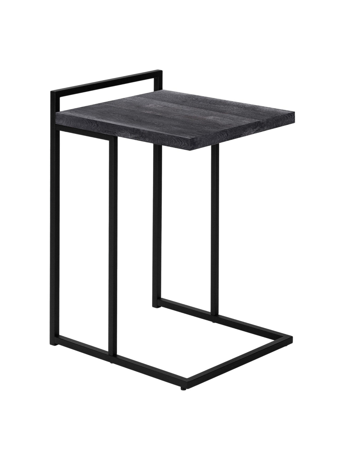 TOCO Meubles Eliott C-shaped side table with black wood-effect top and black metal frame.