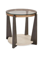 Table d'appoint ronde TOCO Meubles Fraza avec plateau en verre, structure en bois foncé et base en pierre claire