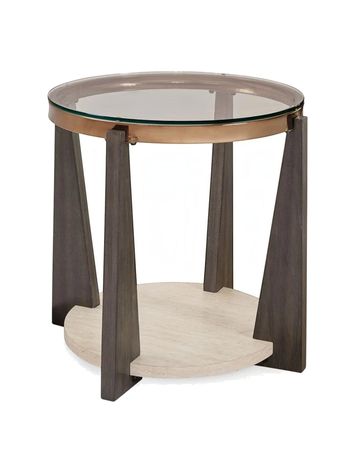 Table d'appoint ronde TOCO Meubles Fraza avec plateau en verre, structure en bois foncé et base en pierre claire