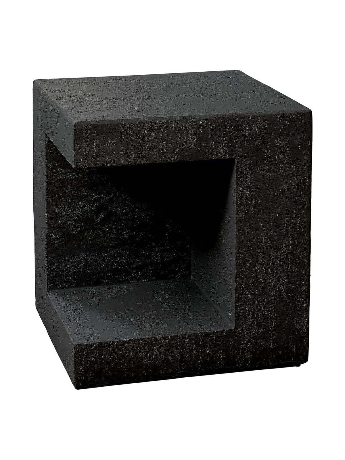 Table d'appoint cubique noire Jupiter en oxyde de magnésium avec découpe intégrée, finition effet béton.
