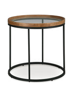 Table d'appoint ronde TOCO Meubles avec plateau en bois naturel et verre, structure en métal noir minimaliste