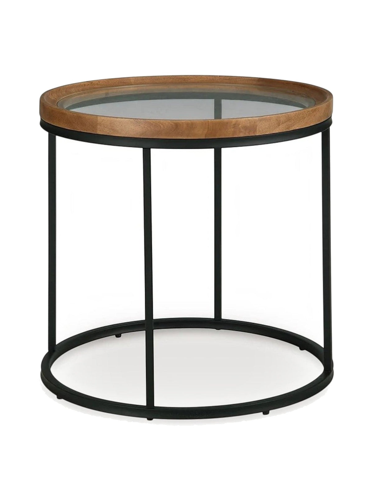 Table d'appoint ronde TOCO Meubles avec plateau en bois naturel et verre, structure en métal noir minimaliste