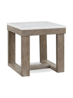 Table d'appoint carrée TOCO Meubles avec plateau en faux marbre ivoire et base en bois brun texturé
