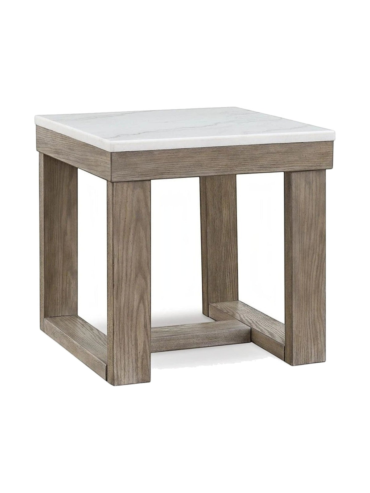 Table d'appoint carrée TOCO Meubles avec plateau en faux marbre ivoire et base en bois brun texturé