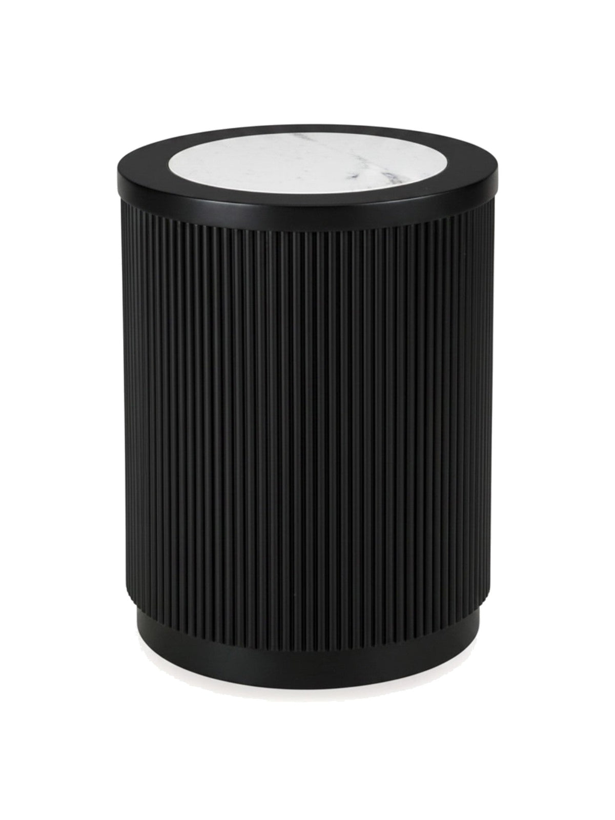 Table d'appoint ronde TOCO Meubles Rayma avec base noire cannelée et plateau en marbre blanc élégant