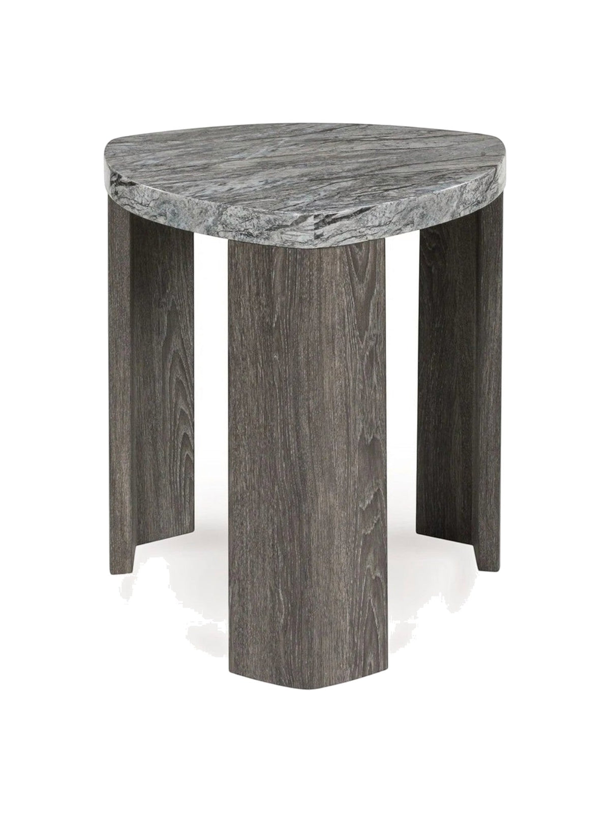 Table d'appoint triangulaire TOCO Meubles avec plateau en pierre grise et pieds en bois brun texturé