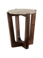 Table d'appoint ronde Tanido de TOCO Meubles avec plateau en pierre beige et base en bois brun foncé