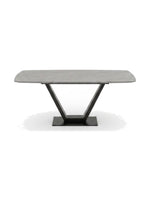 Table de salle à manger Belza par TOCO Meubles avec plateau gris rectangulaire et pied central en métal noir