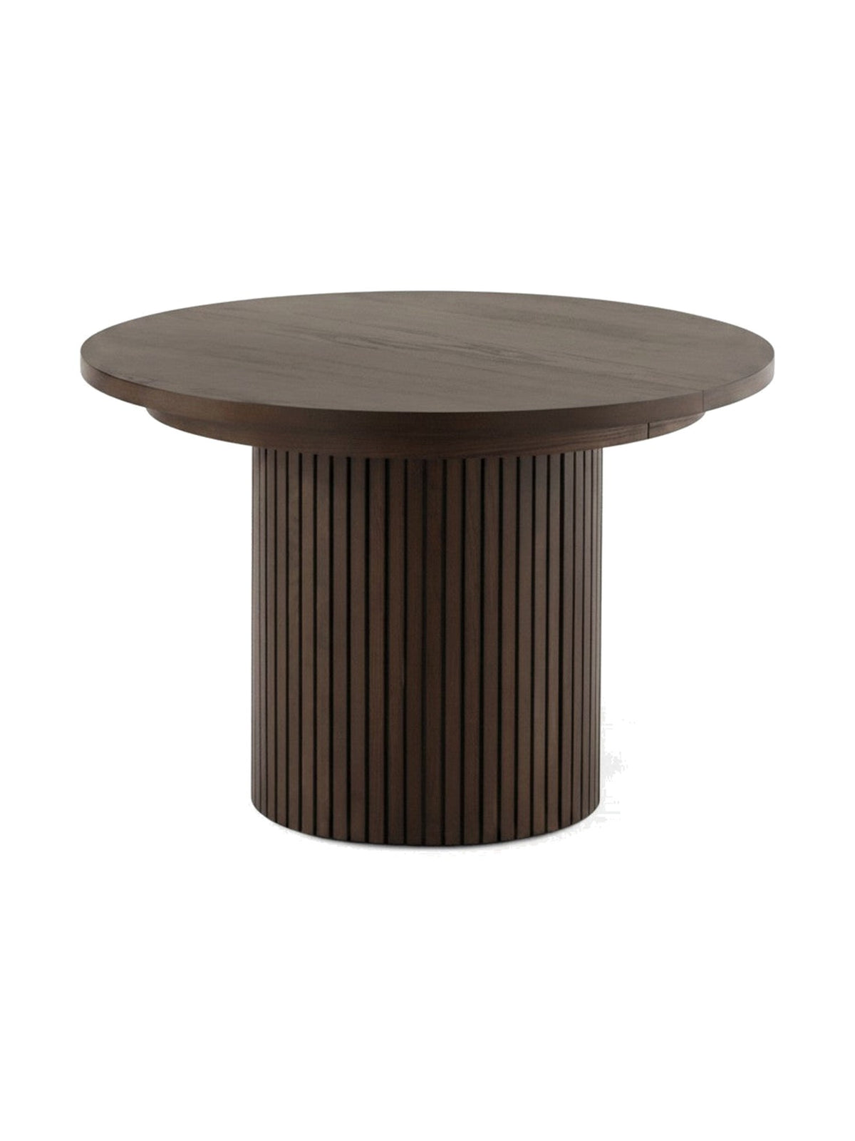 Table ronde extensible TOCO Meubles en noyer foncé avec un pied central cylindrique cannelé élégant