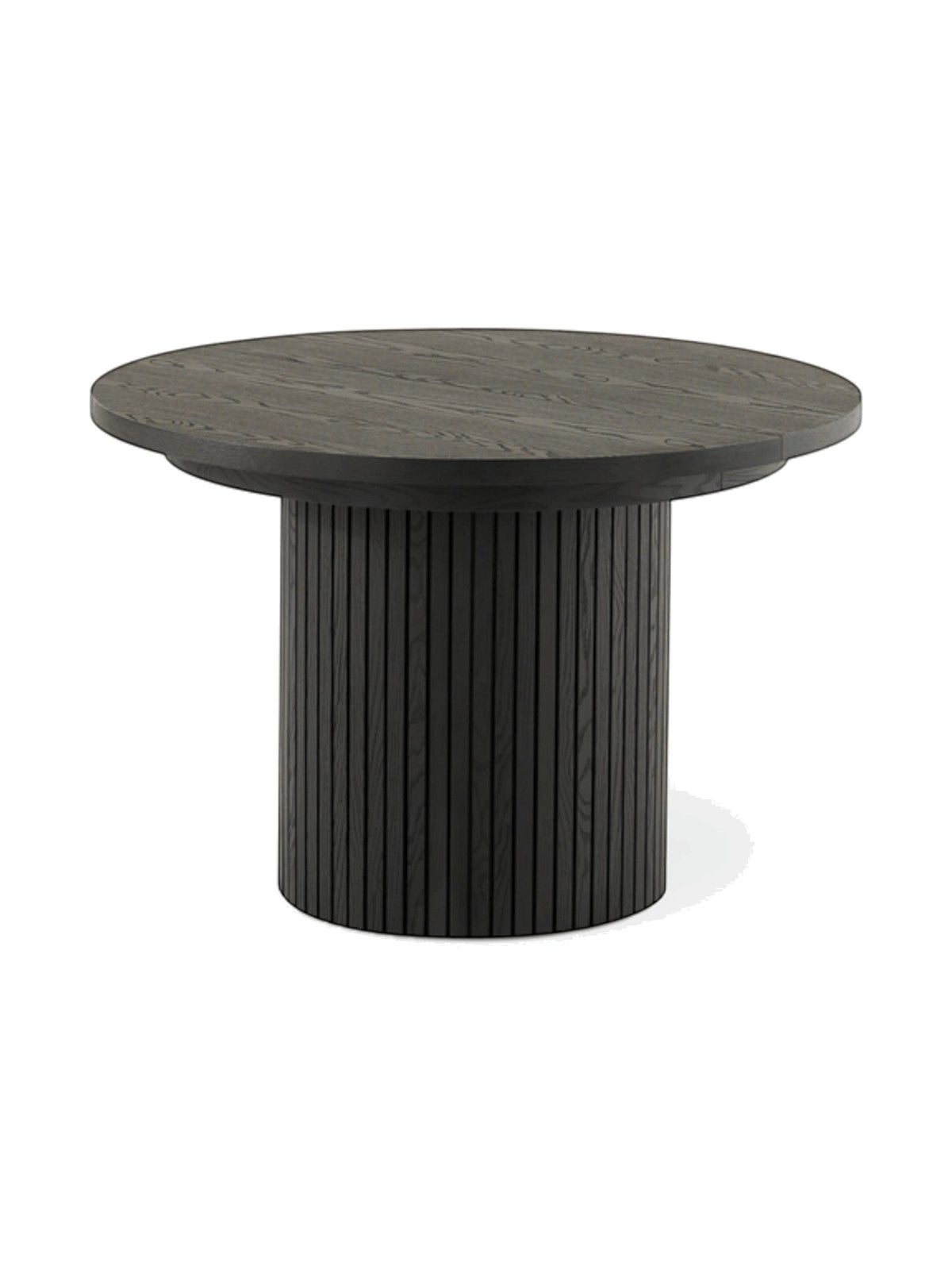 Table à manger ronde TOCO Meubles en bois fumé, design moderne avec pied cylindrique cannelé.