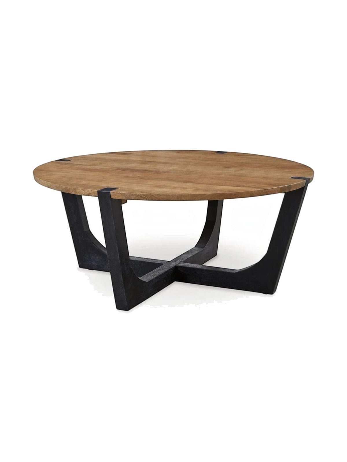 Table de salon ronde TOCO Meubles avec plateau en bois naturel et pieds croisés en métal noir