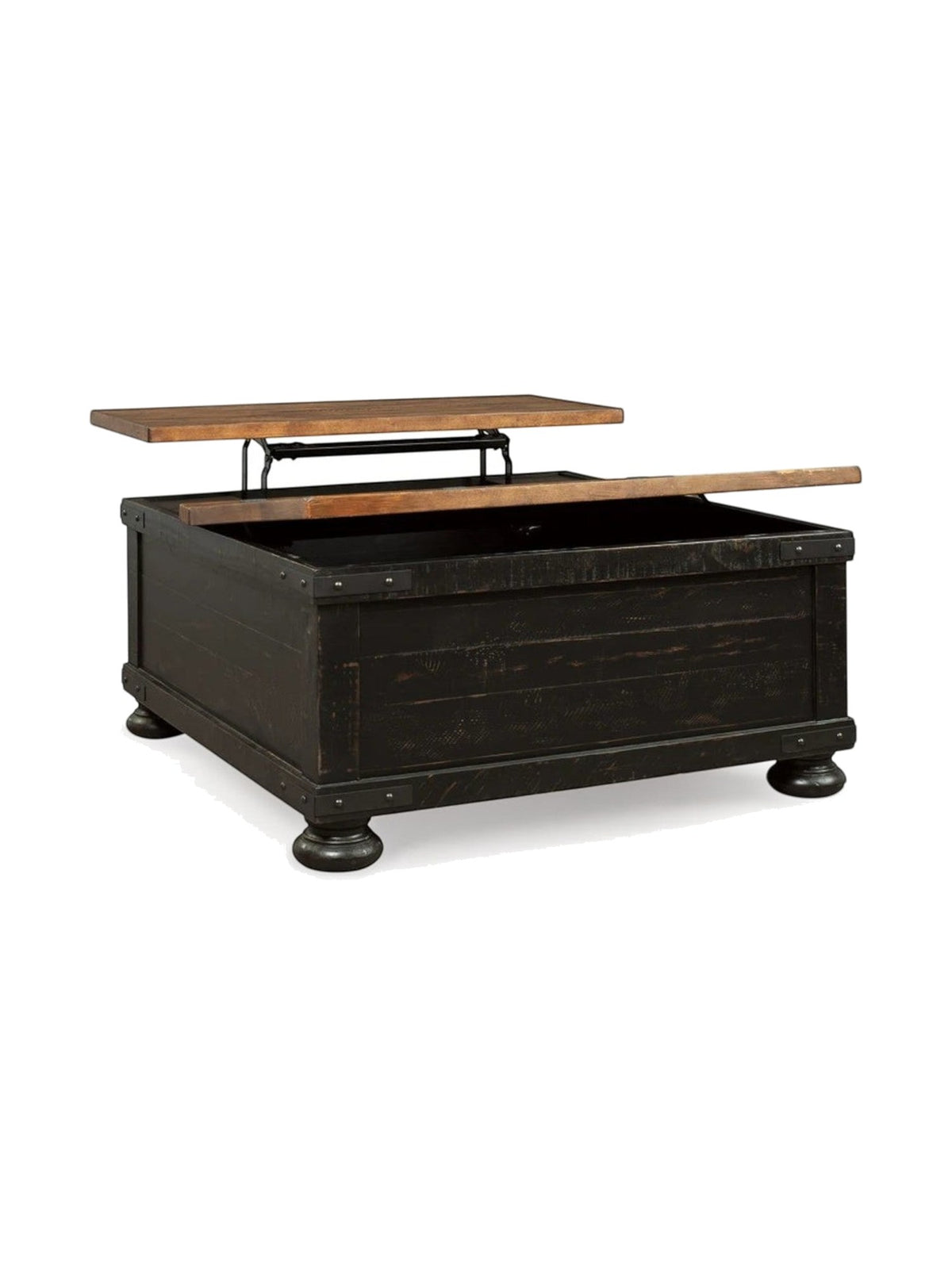 Table de salon TOCO Meubles Arbeck avec plateau relevable, finition noire vieillie et dessus en bois brun rustique