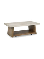 Table de salon rectangulaire TOCO Meubles Brenda avec plateau en pierre claire et base en bois massif avec roulettes