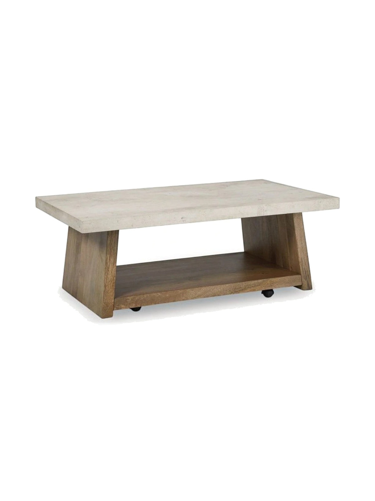 Table de salon rectangulaire TOCO Meubles Brenda avec plateau en pierre claire et base en bois massif avec roulettes