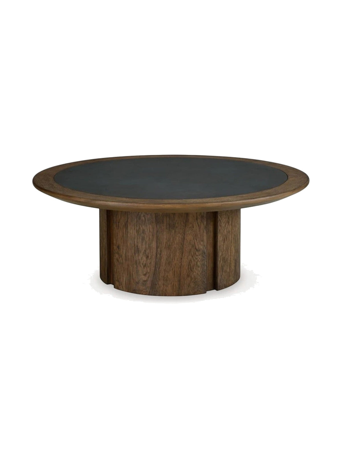 Table basse ronde Donta par TOCO Meubles avec plateau en bois foncé et centre noir mat sur pied cylindrique robuste