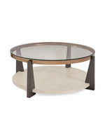 Table de salon ronde TOCO Meubles Fraza avec plateau en verre, base en bois foncé et étagère inférieure en pierre