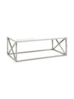 Table de salon Minato TOCO Meubles avec plateau blanc rectangulaire et structure en métal chromé en forme de X