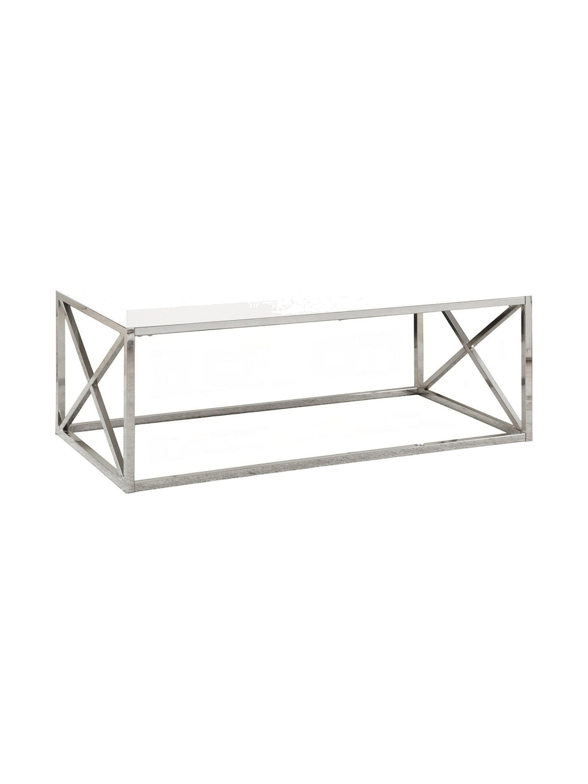 Table de salon Minato TOCO Meubles avec plateau blanc rectangulaire et structure en métal chromé en forme de X