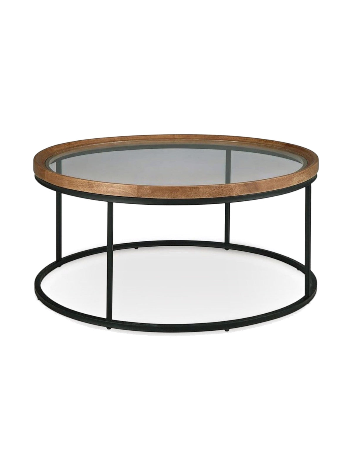 Table de salon ronde Nora par TOCO Meubles avec plateau en verre, bordure en bois naturel et structure en métal noir