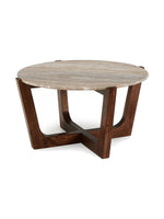 Table de salon ronde Tanido par TOCO Meubles avec plateau en pierre naturelle et base en bois brun chaleureux