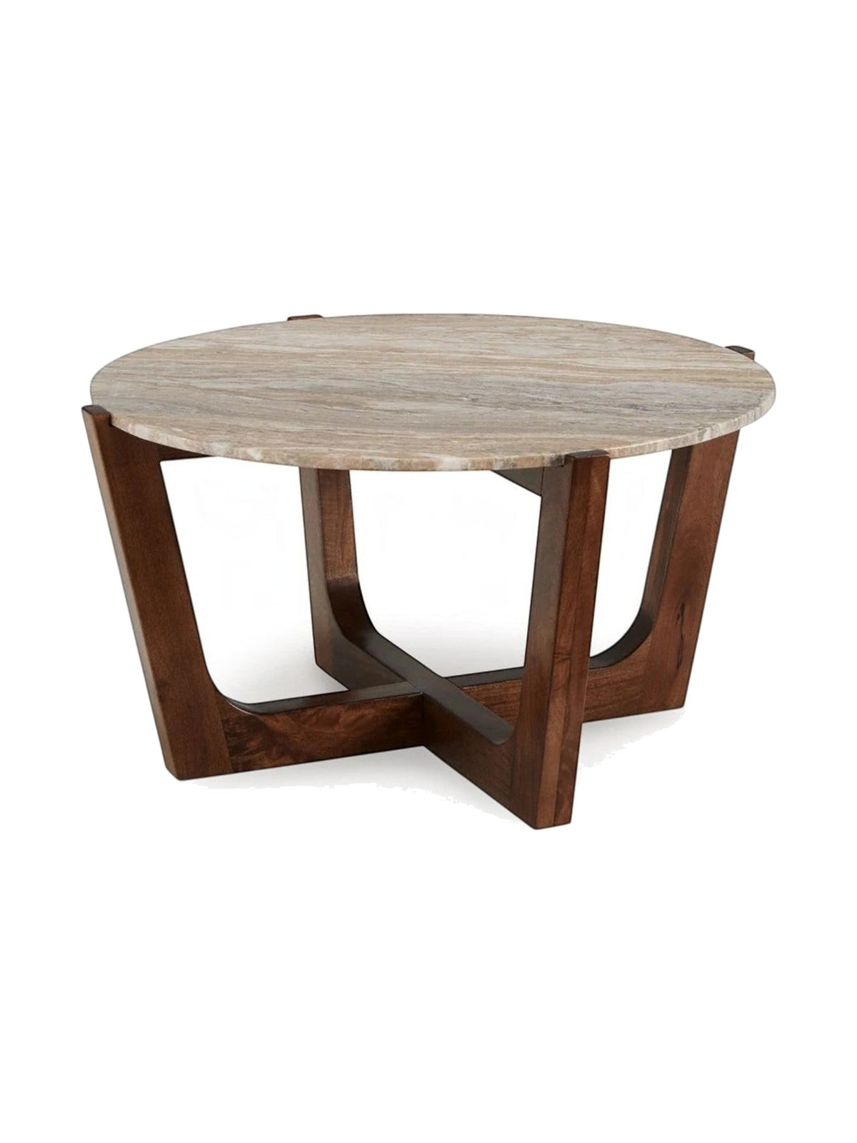 Table de salon ronde Tanido par TOCO Meubles avec plateau en pierre naturelle et base en bois brun chaleureux