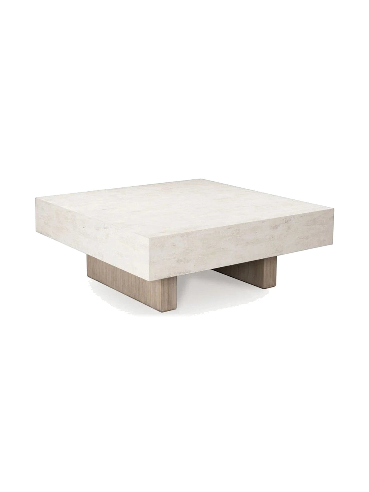 Table de salon carrée TOCO Meubles avec plateau effet pierre beige et base en bois massif