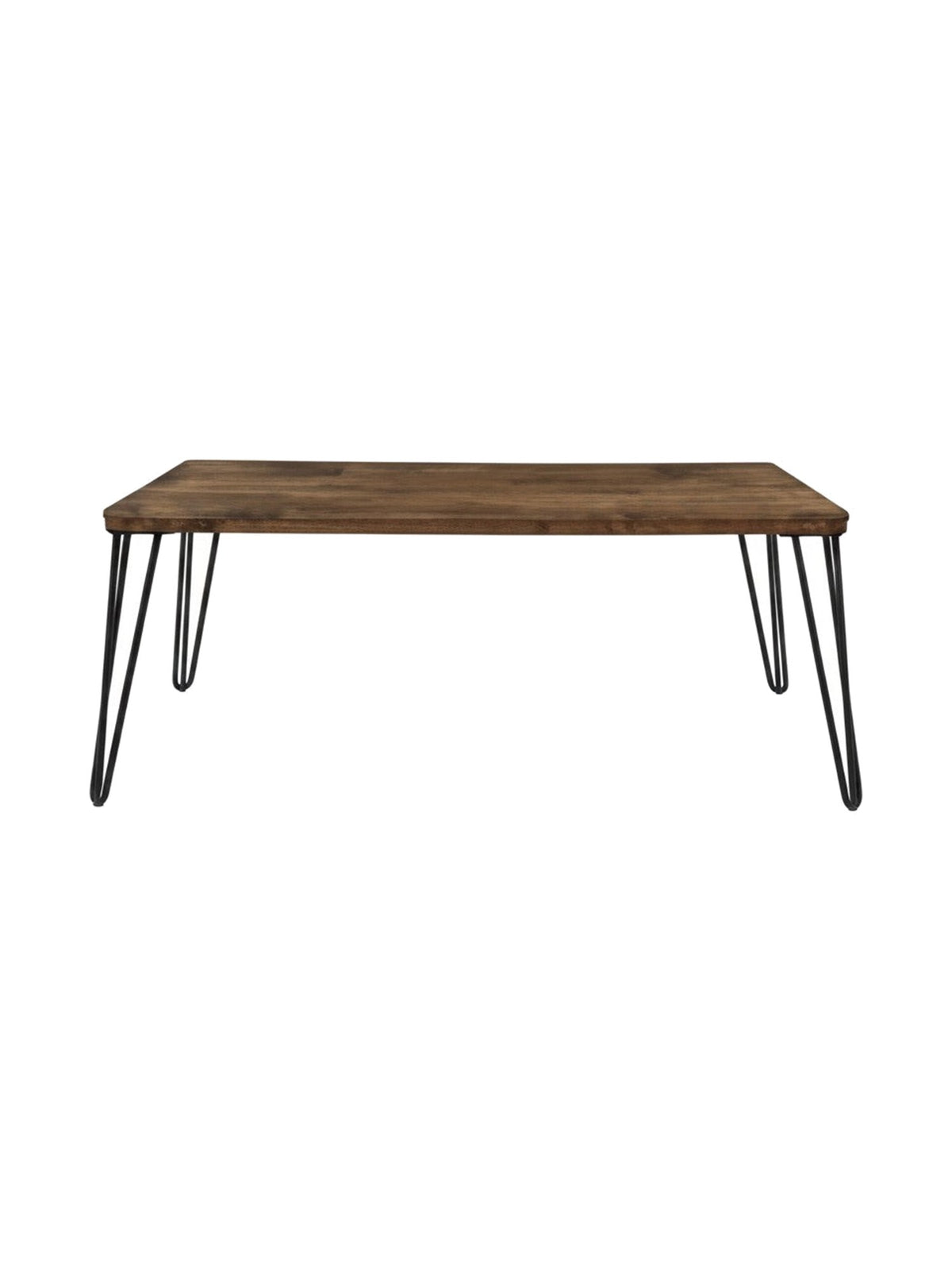 Table basse TOCO Meubles Valou avec plateau rectangulaire en bois d'hévéa rustique et pieds en métal noir style épingle