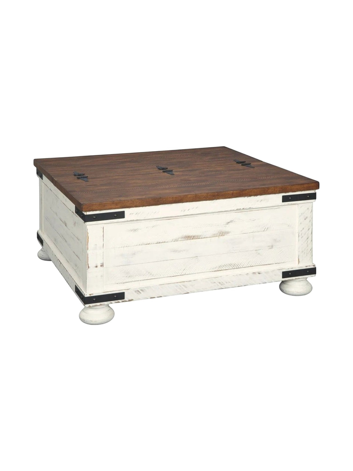 Table de salon TOCO Meubles Vendo carrée avec plateau en bois brun et base blanche effet vieilli