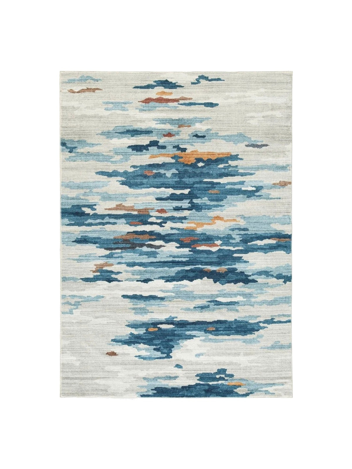 Tapis Vinlett par TOCO Meubles au motif abstrait bleu, gris et ocre, lavable en machine pour un style contemporain.