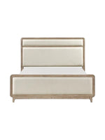 Très grand lit TOCO Meubles Bonnie en bois de chêne naturel avec tête et pied de lit rembourrés en tissu chenille beige