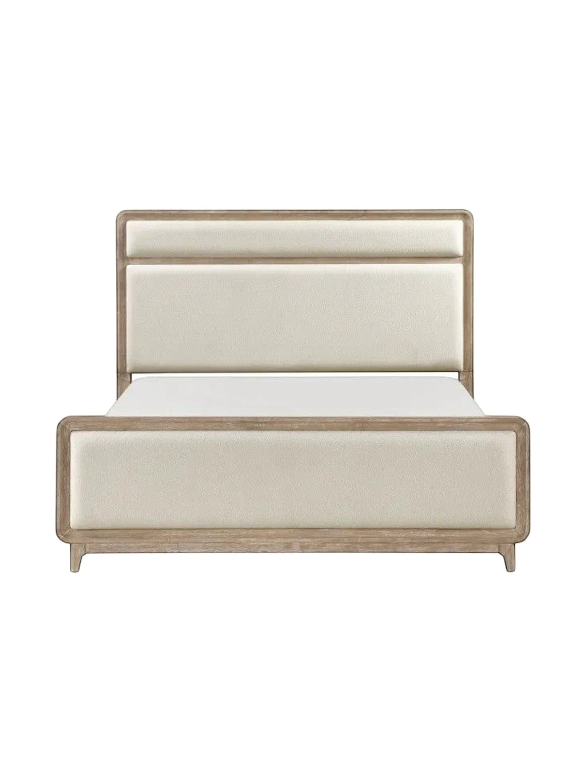Très grand lit TOCO Meubles Bonnie en bois de chêne naturel avec tête et pied de lit rembourrés en tissu chenille beige