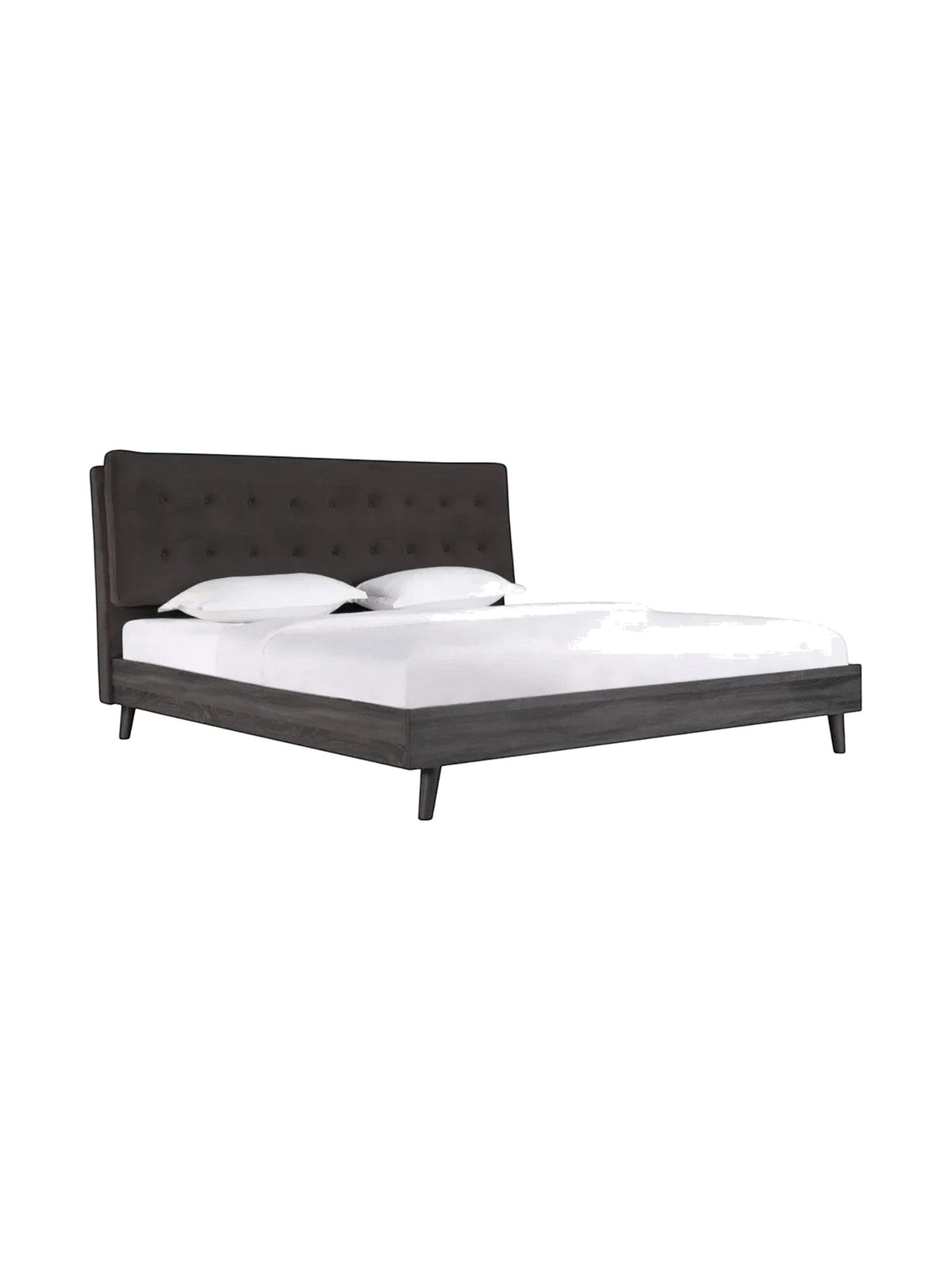 Lit queen TOCO Meubles Gianni avec tête de lit en velours gris capitonné et cadre plateforme en bois gris