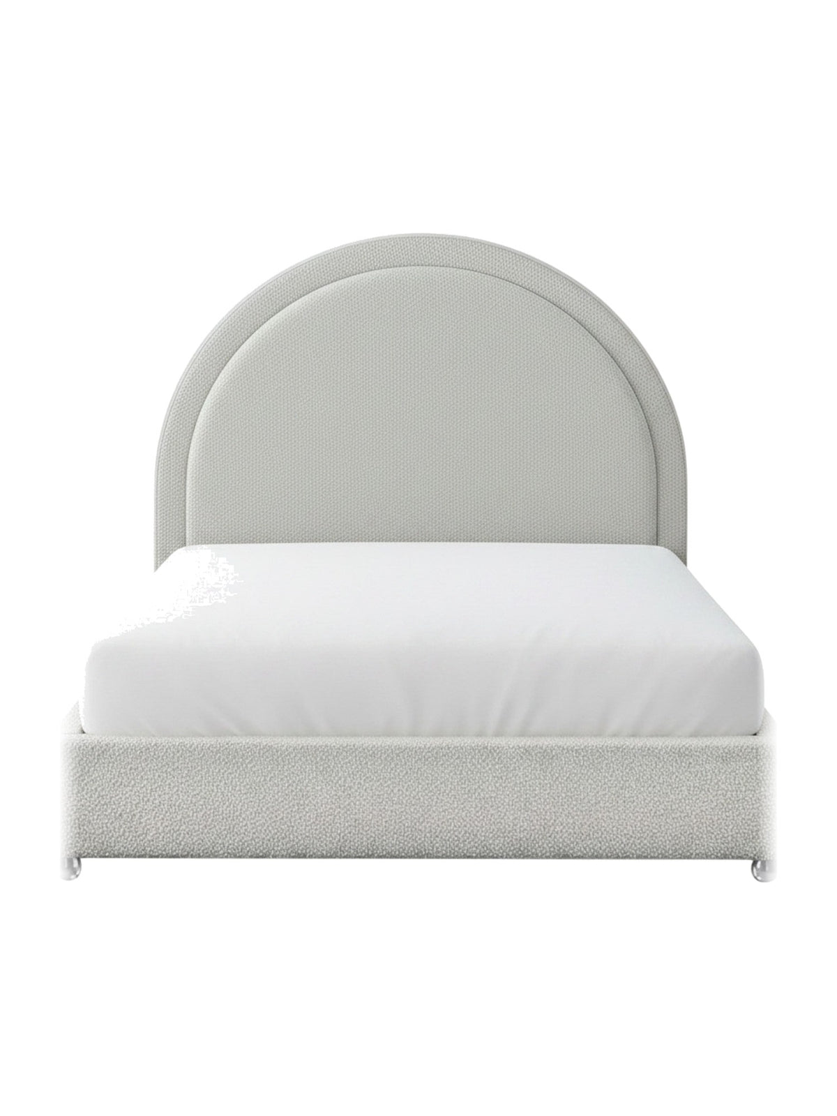Très grand lit Ivy TOCO Meubles avec tête de lit arrondie rembourrée en tissu bouclé crème, style contemporain.