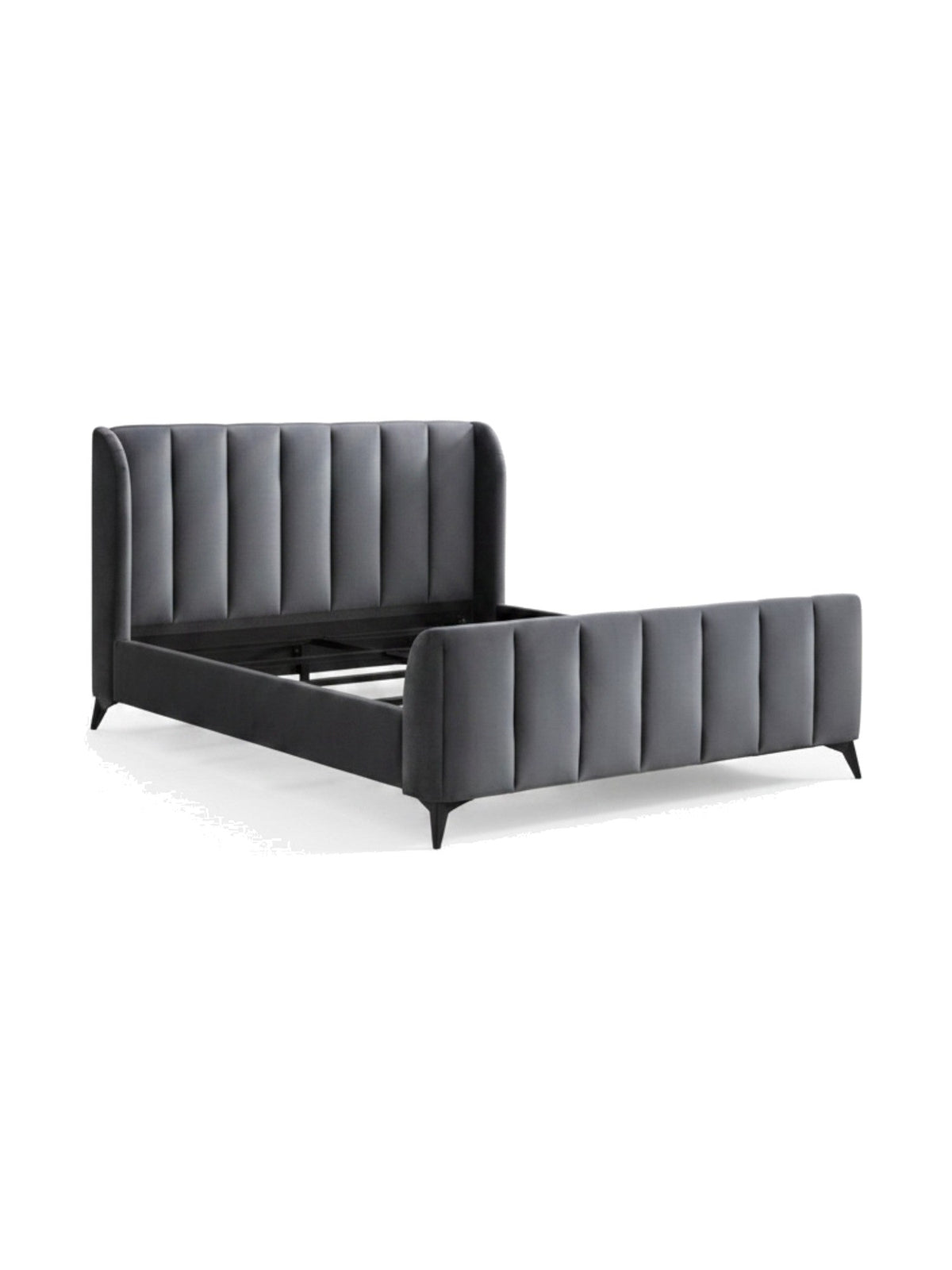 Très grand lit TOCO Meubles Juliette en velours gris avec tête de lit ailée capitonnée et pieds en métal noir