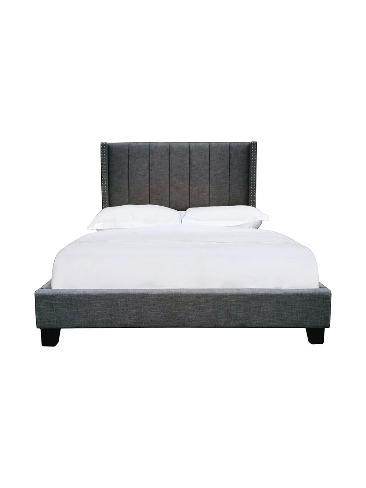 Lit très grand format TOCO Meubles avec tête de lit capitonnée en tissu gris foncé et cadre plateforme moderne