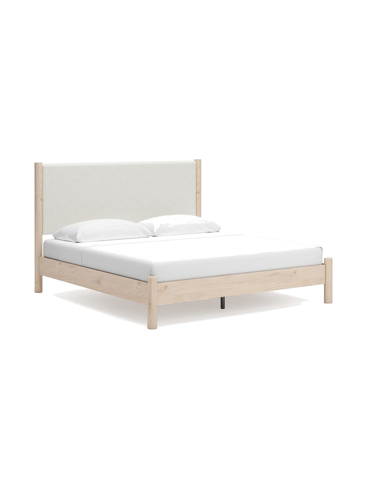Très grand lit Margot TOCO Meubles avec tête de lit rembourrée en tissu bouclé beige et cadre en bois clair naturel