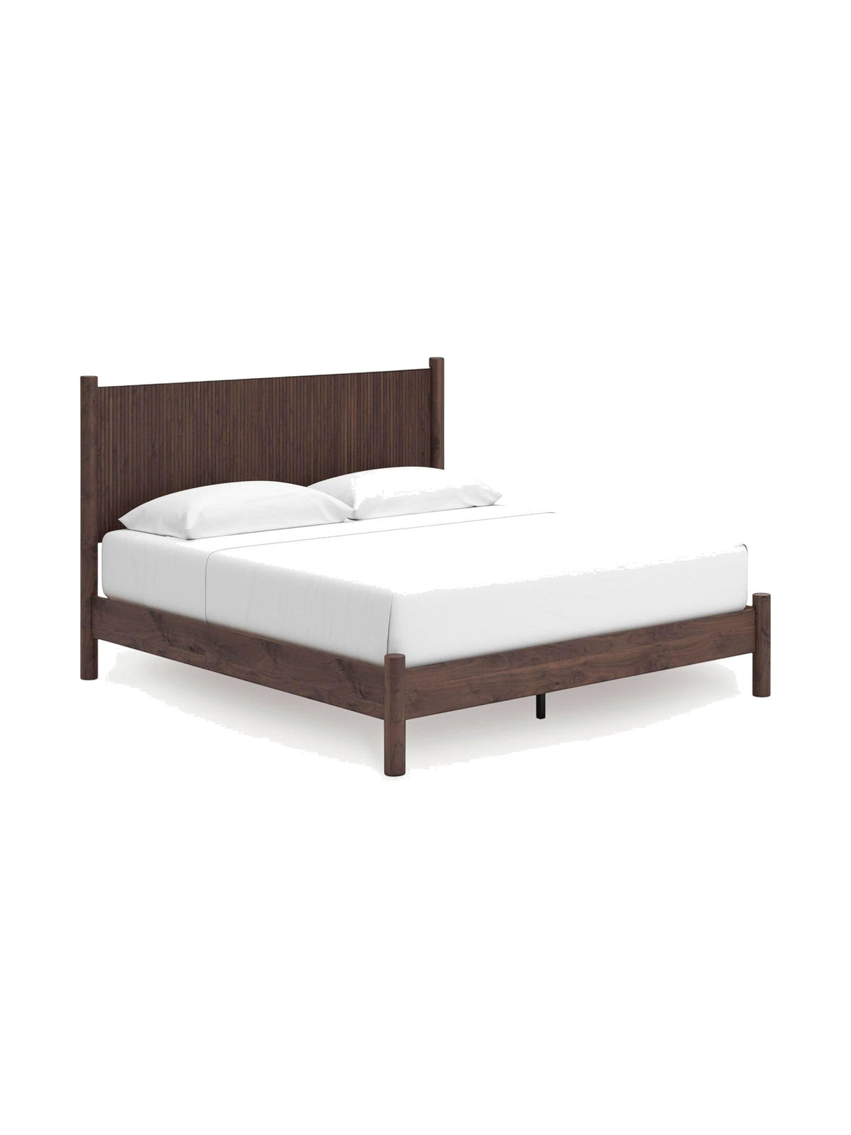 Très grand lit Maya TOCO Meubles en bois brun au design rétro bohème avec tête de lit texturée et lignes épurées.