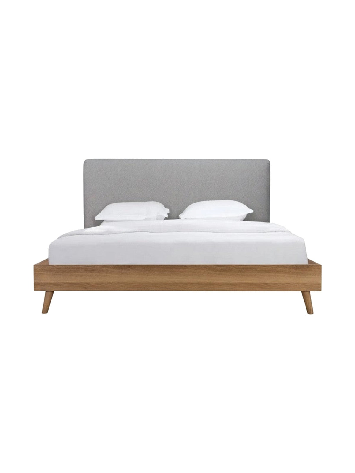 Très grand lit TOCO Meubles Nova avec cadre en bois brun et tête de lit rembourrée en tissu gris style contemporain