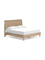 Très grand lit TOCO Meubles Olive en bois clair avec tête de lit texturée effet cannage beige et design contemporain