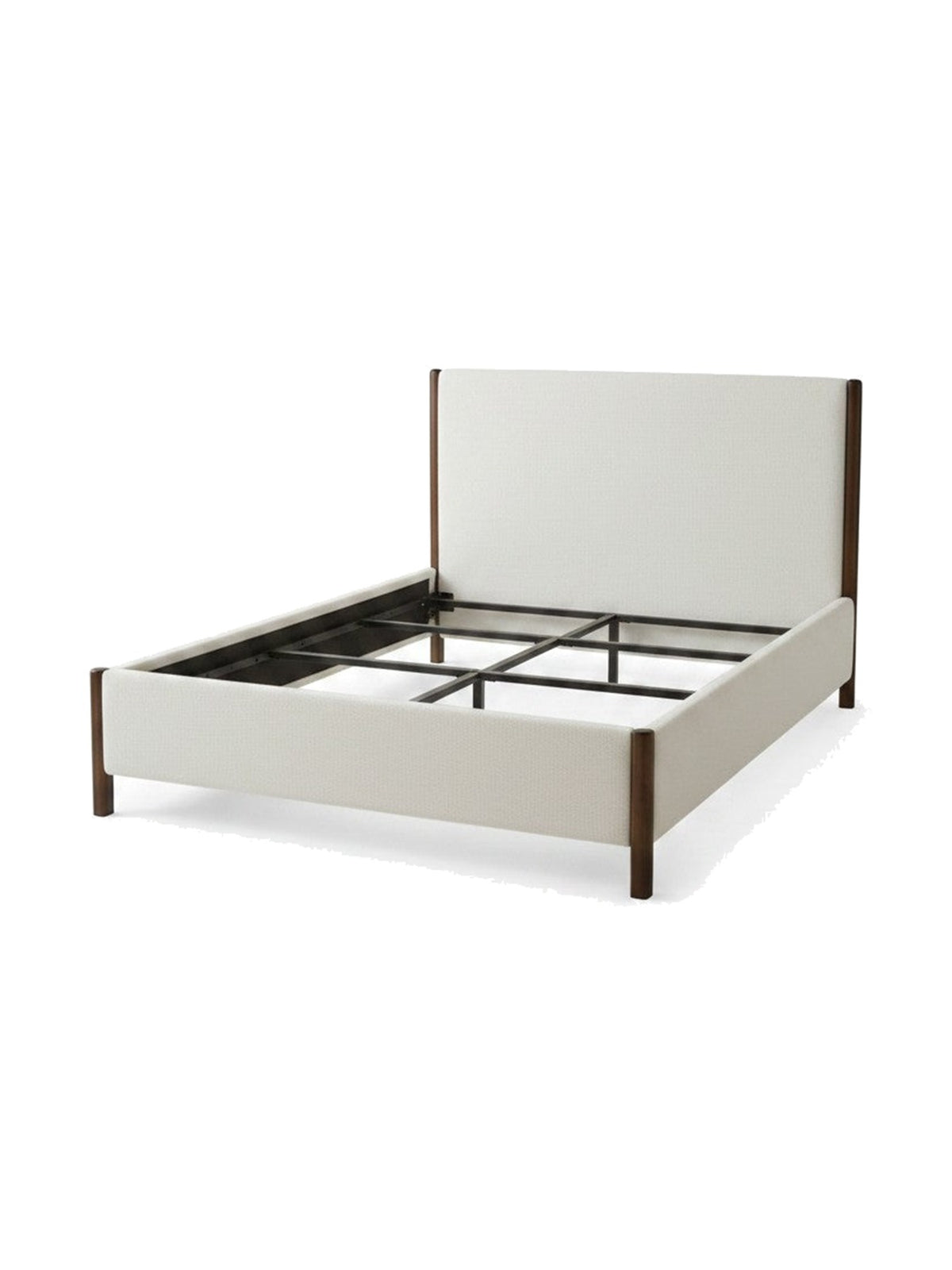 Très grand lit TOCO Meubles Zavian en tissu chenille beige avec montants en bois fini chêne et structure plateforme