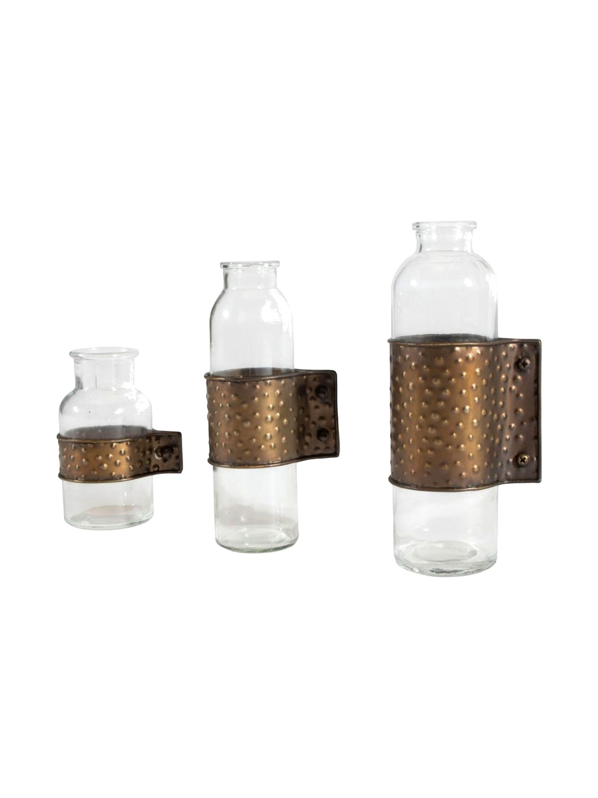 Ensemble de trois vases de table Gadd TOCO Meubles en verre transparent avec support en métal martelé bronze