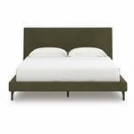 TOCO Meubles Alma upholstered bed in sage green with a low profile and integrated roll-up slats. Modern design with Mid-Century charm.