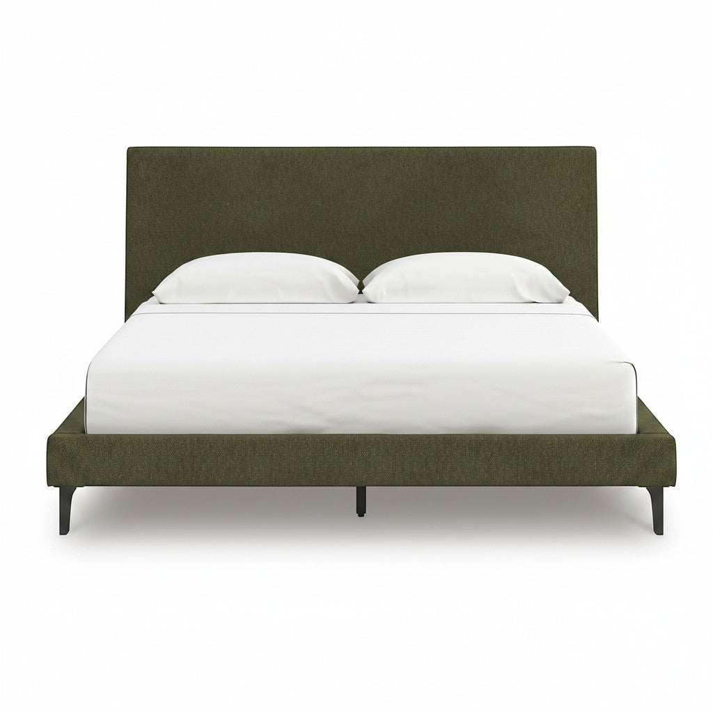 TOCO Meubles Alma upholstered bed in sage green with a low profile and integrated roll-up slats. Modern design with Mid-Century charm.